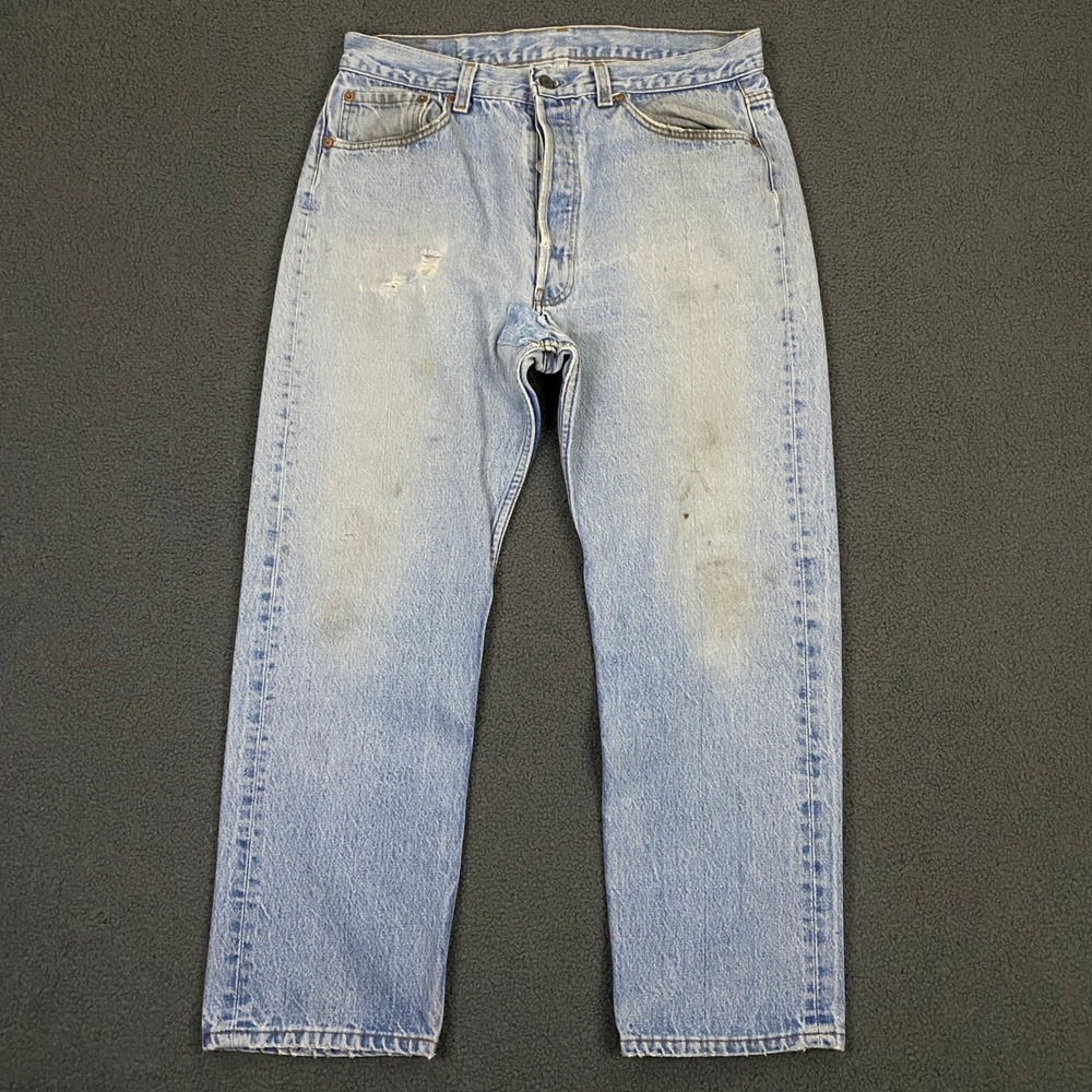 Vintage 90s Levis 501 Jeans FITS 32x28 Blue Denim Button Fly Made USA Distressed